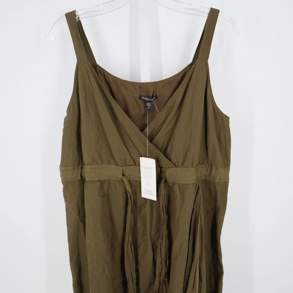 Eileen Fisher Sleeveless Satin Tie Waist V-Neck Dress Green/Brown - Picture 3 of 11